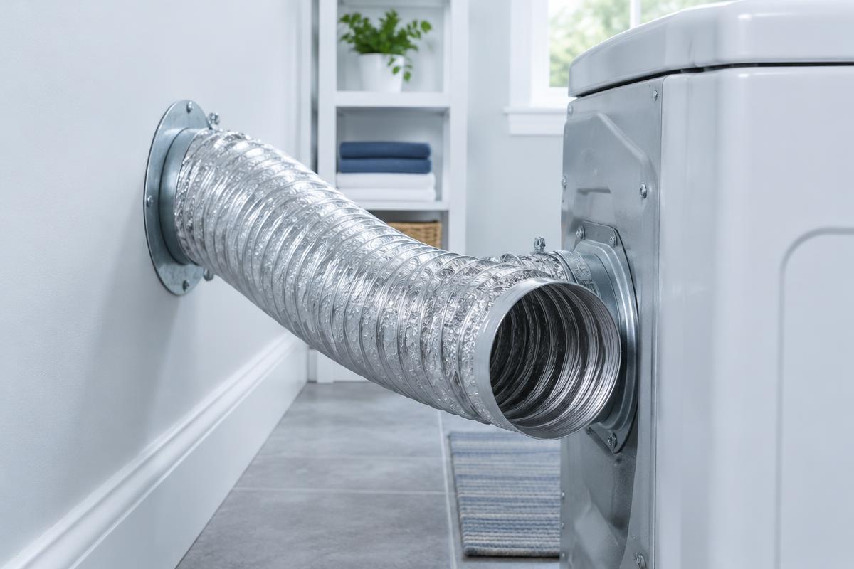 Clean flexible dryer vent hose connected behind a dryer