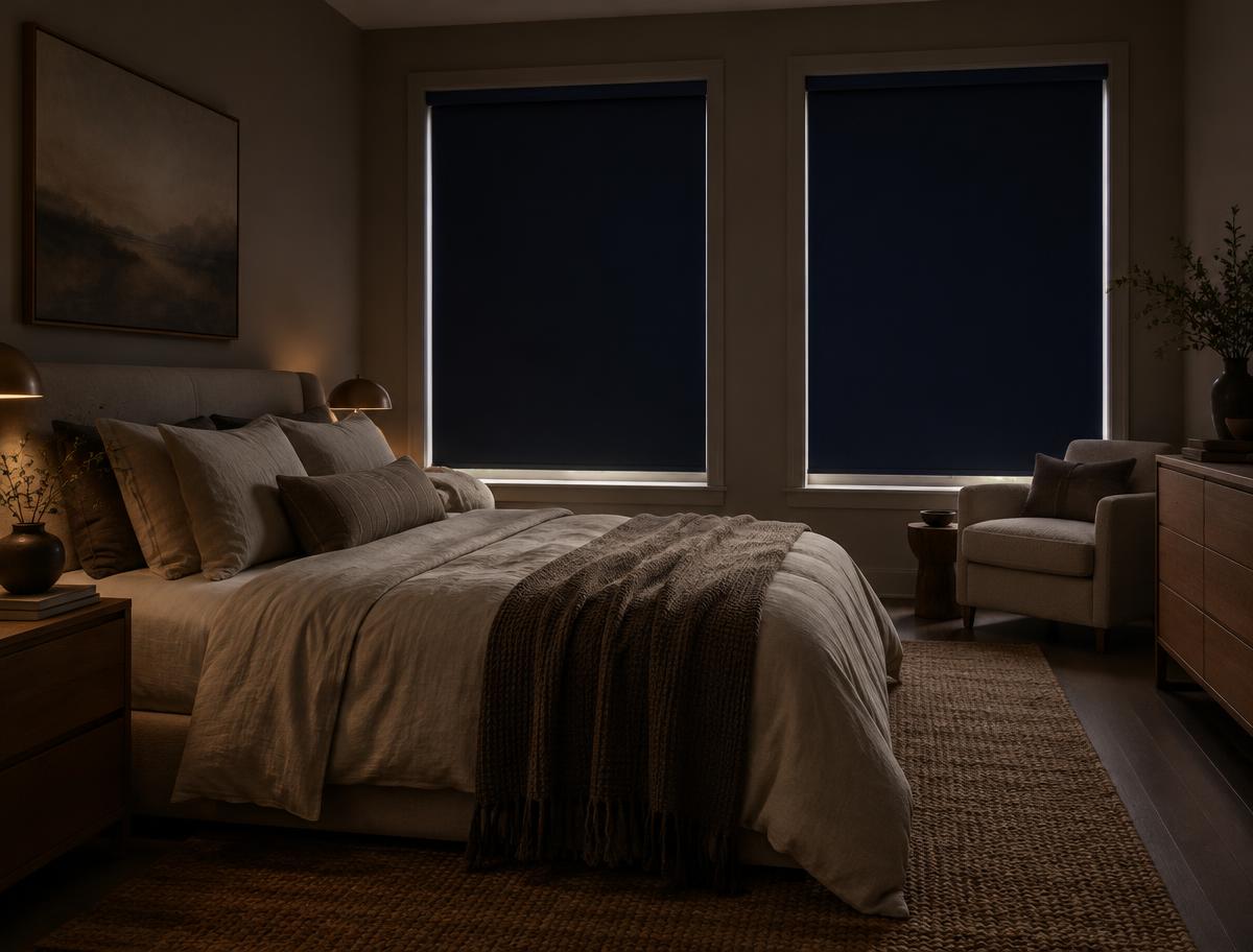 Calm bedroom with navy blackout shades fully lowered