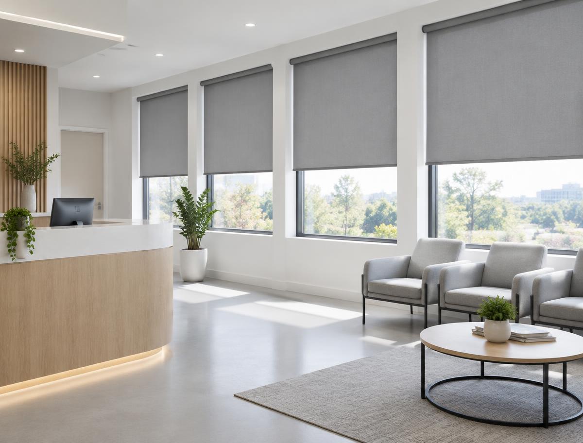 Clinic reception with matching grey roller shades on a row of windows