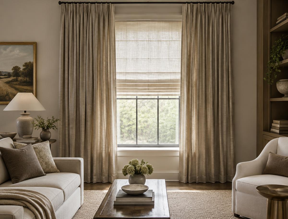 Living room window with linen drapery panels over a roman shade
