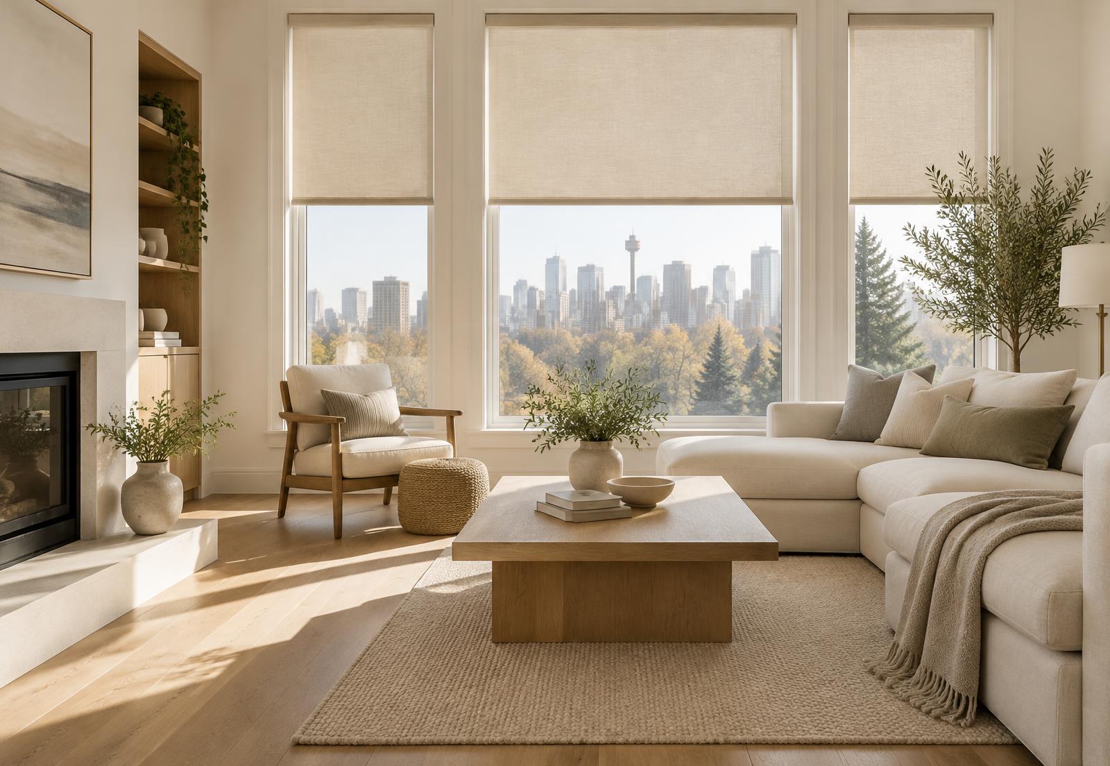 Bright Calgary living room with linen roller shades on tall windows