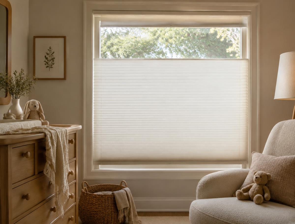Nursery window with ivory honeycomb shade lowered from the top