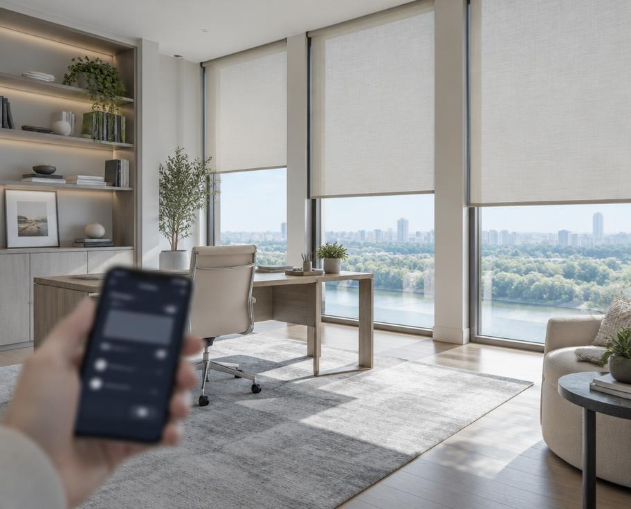 Home office with motorized shades