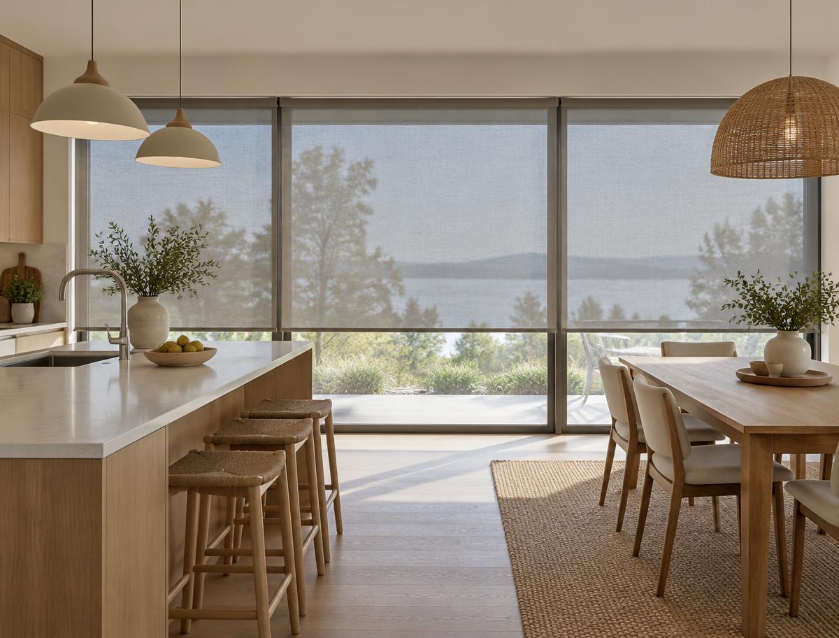 Kitchen and dining room with grey solar shades lowered over large windows