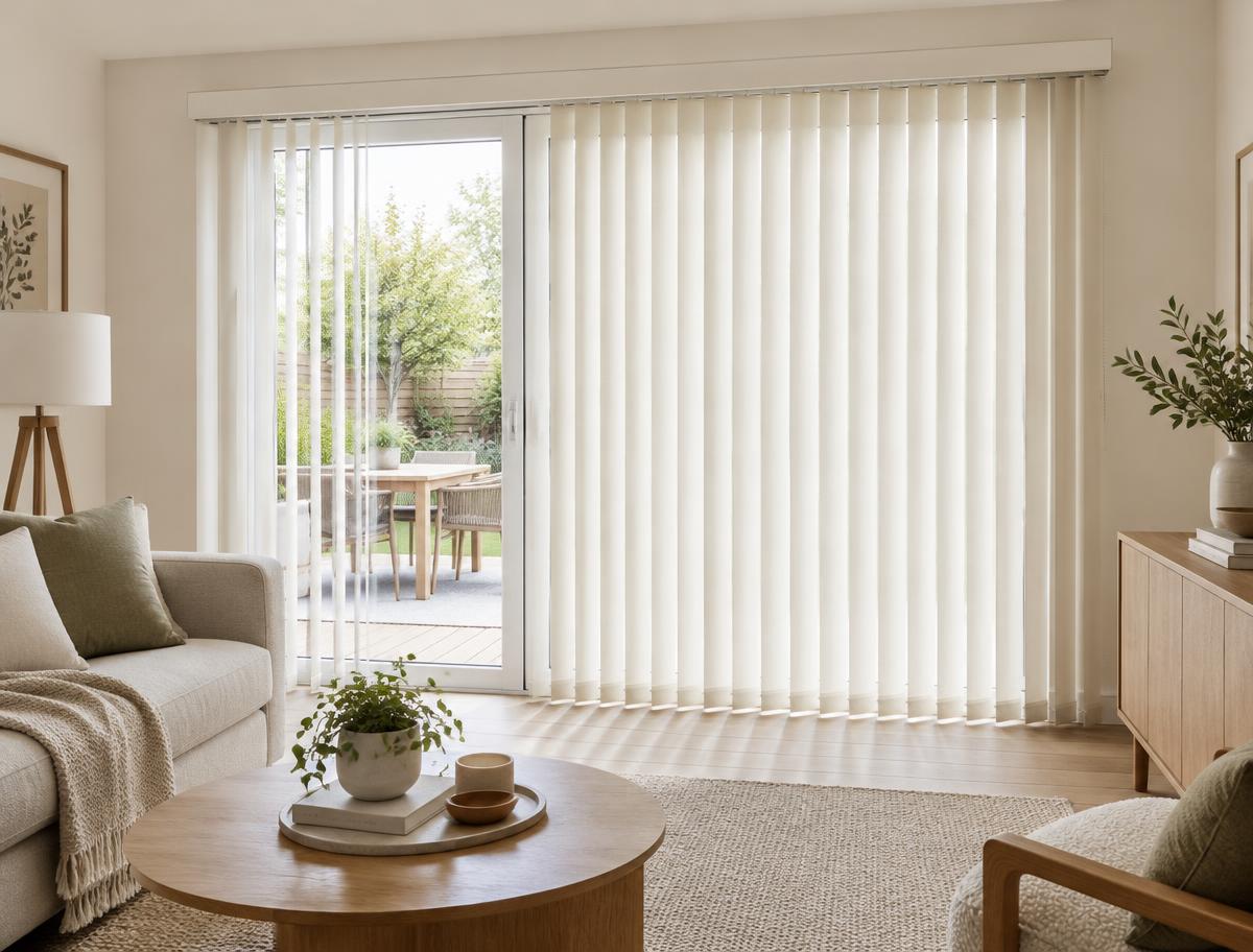 Living room patio door with warm white fabric vertical blinds