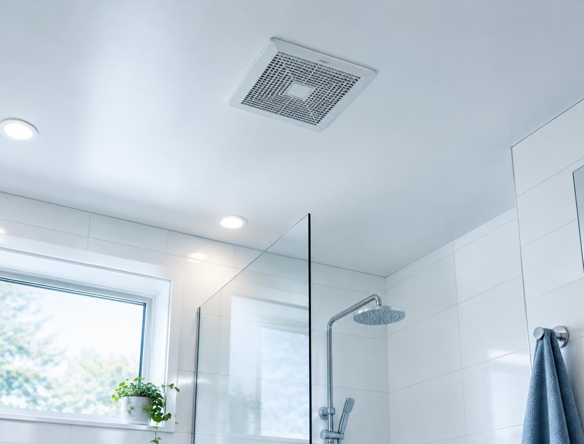Clean white exhaust fan grille on a bright bathroom ceiling