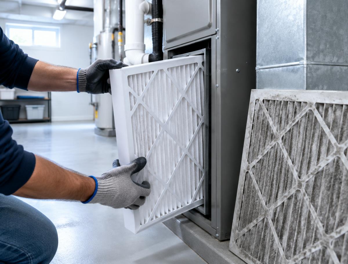 Hands in gloves installing a clean pleated furnace filter, old dusty filter beside it