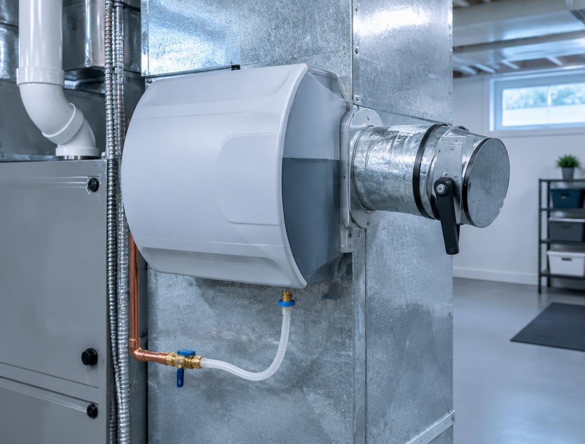 Furnace humidifier mounted on ductwork with its water line